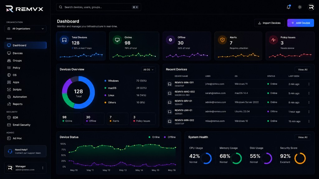 Remvx platform preview  -  illustrative management console under development, not a live production environment